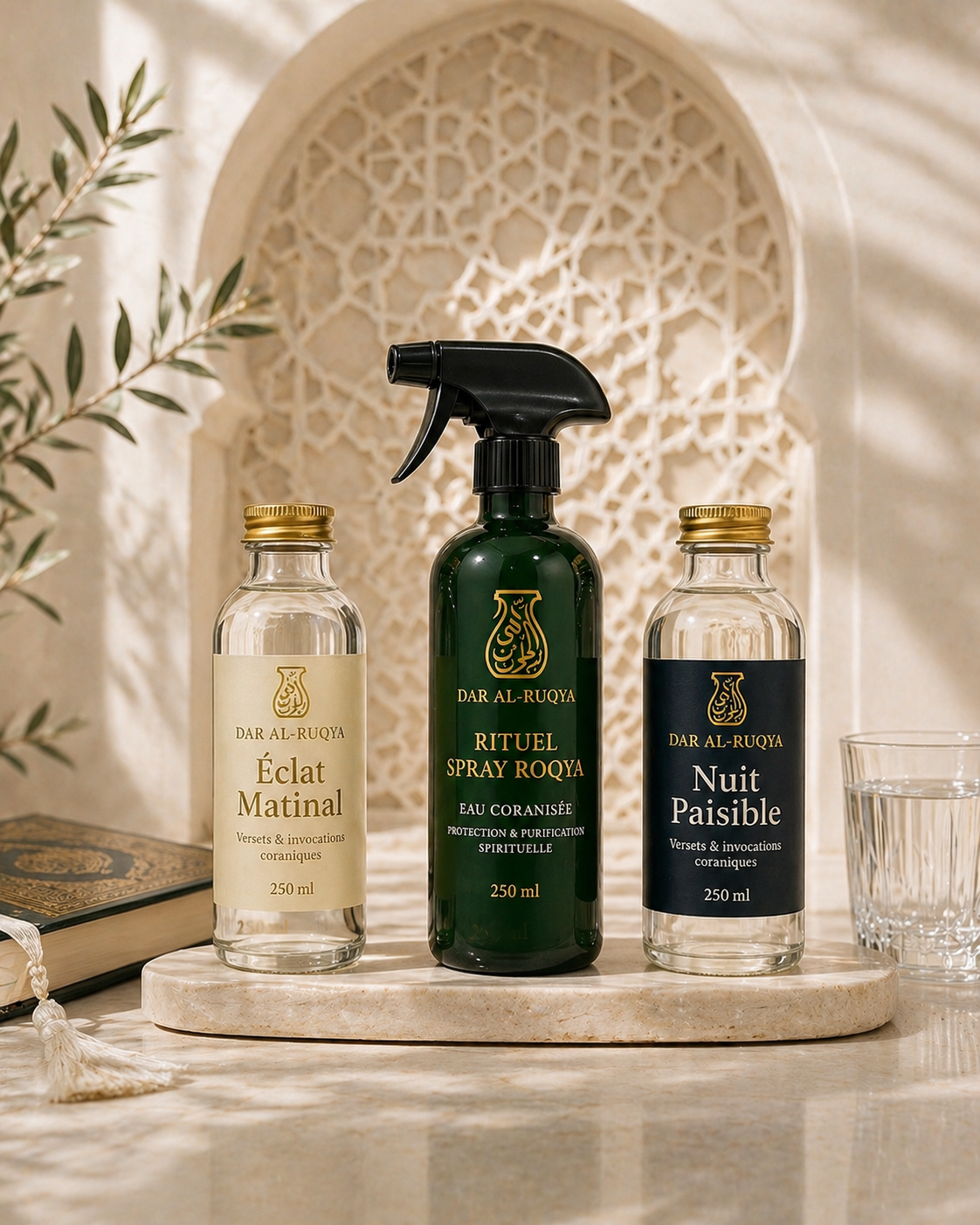 Flacon pulvérisateur de 250ml jours fajr et nuit Maghreb de Spray Eau de Roqya coranisée pour protection spirituelle et purification de la maison contre le mauvais œil djinns et sorcellerie 