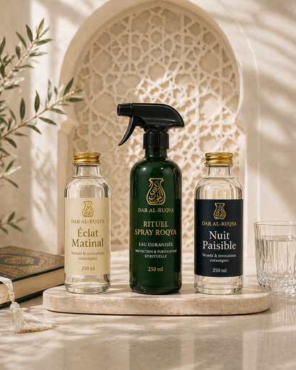Flacon pulvérisateur de 250ml jours fajr et nuit Maghreb de Spray Eau de Roqya coranisée pour protection spirituelle et purification de la maison contre le mauvais œil djinns et sorcellerie 
