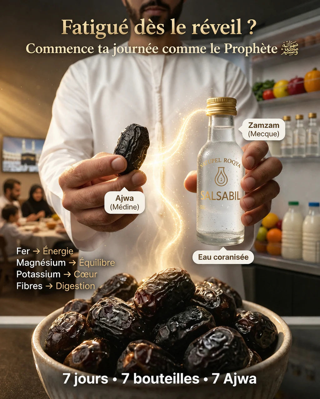 Infographie comparative des bienfaits du pack Salsabil montrant un homme tenant une datte Ajwa de Médine riche en fer et magnésium pour l'énergie, et une fiole d'eau de Zamzam de la Mecque coranisée. Le visuel détaille les apports nutritionnels : Fer pour l'énergie, Magnésium pour l'équilibre, Potassium pour le cœur et Fibres pour la digestion. En bas, un bol rempli de dattes Ajwa brillantes illustre le protocole de cure de 7 jours avec 7 bouteilles et 7 dattes par jour.
