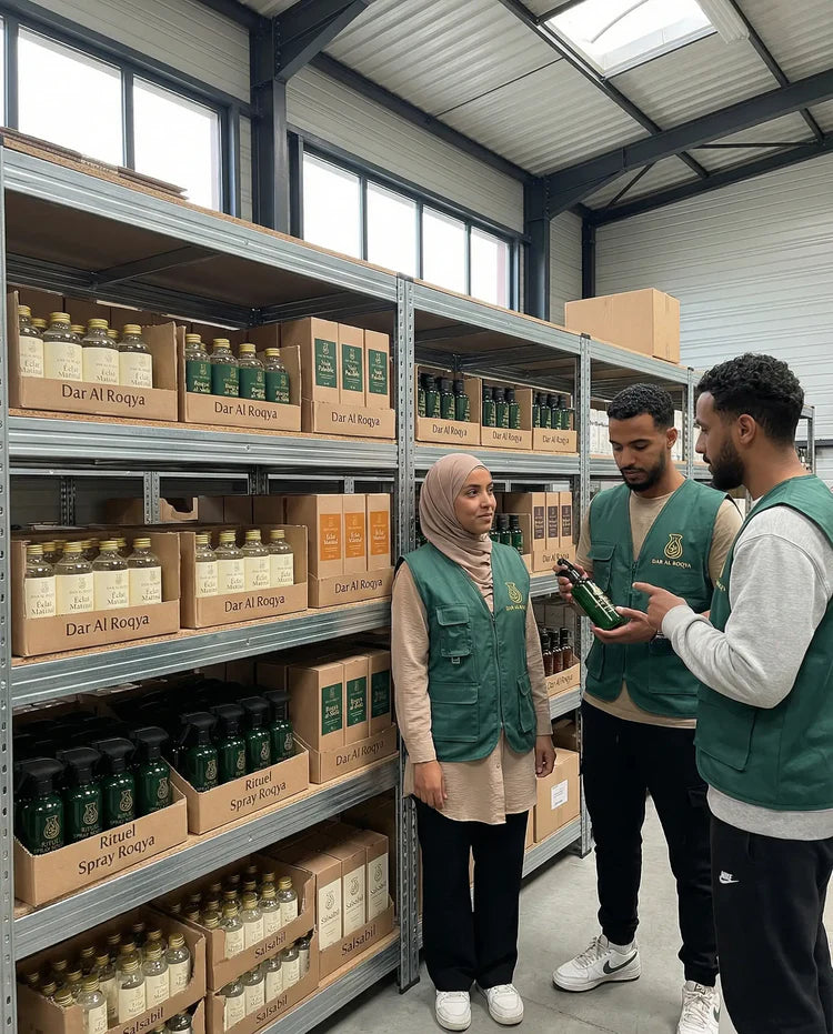 Les coulisses de la boutique Dar Al-Ruqya : une équipe professionnelle prépare les commandes dans un entrepôt organisé. Les étagères sont remplies de stocks d'eau coranisée Salsabil, de sprays Éclat Matinal et de bouteilles Nuit Paisible prêtes à être expédiées. Trois préparateurs en gilets verts vérifient la qualité des produits pour garantir une protection spirituelle authentique et rapide à domicile.