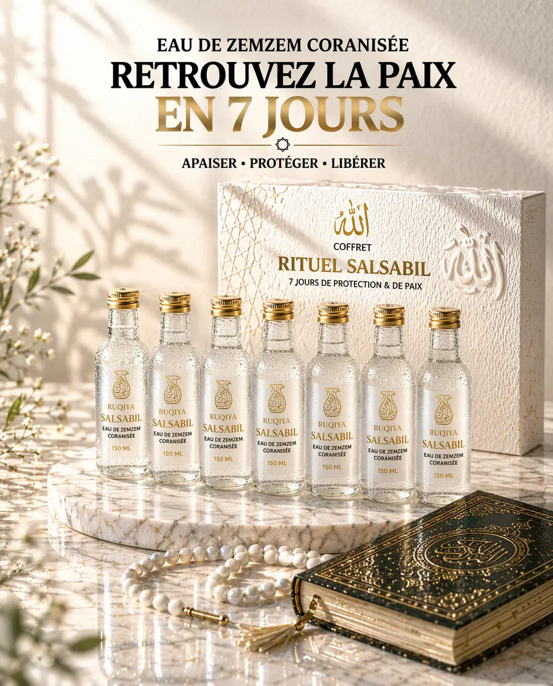 Coffret Rituel Salsabil premium composé de 7 flacons d'eau de Zamzam coranisée pour cure de roqya de sept jours, présenté avec un Coran noble et un chapelet perlé blanc sur socle en marbre luxueux.