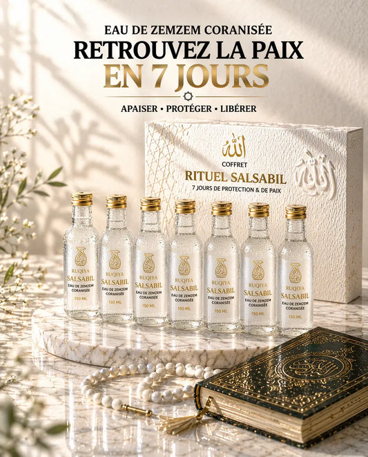 Coffret Rituel Salsabil premium composé de 7 flacons d'eau de Zamzam coranisée pour cure de roqya de sept jours, présenté avec un Coran noble et un chapelet perlé blanc sur socle en marbre luxueux.