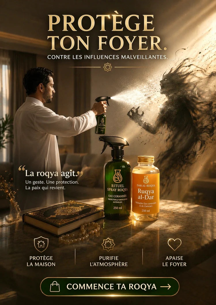 Action de purification contre les influences malveillantes : un homme utilise le spray de roqya coranisée Salsabil pour chasser une ombre symbolisant le mauvais œil ou les djinns dans une maison. Au premier plan, le flacon Rituel Spray Roqya et la bouteille Ruqya al-Dar de 250ml sont posés sur une table à côté du Coran et d'un chapelet, illustrant la protection, la purification de l'atmosphère et l'apaisement du foyer.