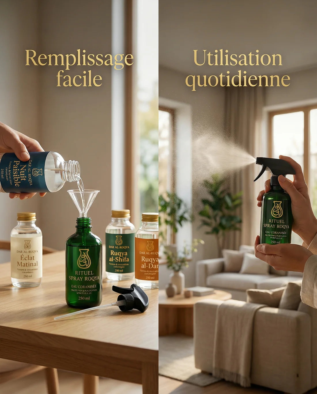 Guide d'utilisation simple du spray roqya pour la protection de la maison : à gauche, remplissage facile d'un flacon spray vert avec l'eau coranisée Nuit Paisible à l'aide d'un entonnoir. À droite, vaporisation du spray dans un salon lumineux pour une utilisation quotidienne contre le mauvais œil et pour apaiser l'atmosphère. On aperçoit les bouteilles Éclat Matinal, Ruqya al-Shifa et Ruqya al-Dar sur une table en bois.