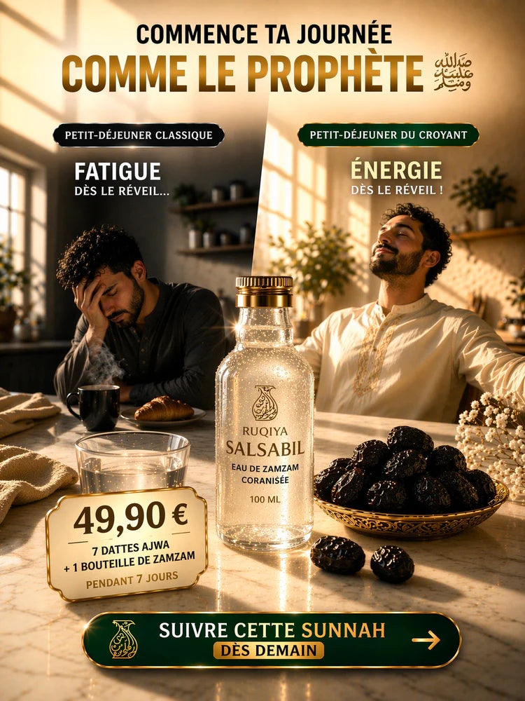 Infographie comparative montrant deux types de réveil : à gauche, le "Petit-déjeuner classique" avec café et croissant causant fatigue et stress ; à droite, le "Petit-déjeuner du croyant" apportant une énergie sereine dès le réveil. Au centre, une fiole de 100ml d'eau de Zamzam coranisée Salsabil et un bol de dattes Ajwa de Médine. Une étiquette affiche le prix de 49,90€ pour la cure de 7 jours (7 dattes + 1 bouteille par jour) selon la Sunna du Prophète.