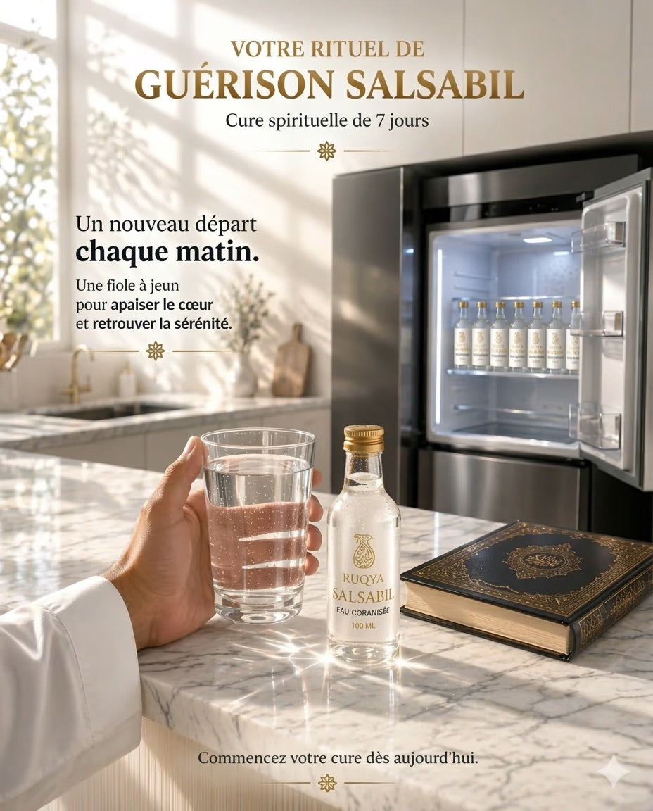 Main tenant un verre d'eau de Zamzam fraîche à côté d'un flacon Salsabil de 100ml et d'un Coran sur un plan de travail en marbre, avec un réfrigérateur rempli de fioles de cure spirituelle en arrière-plan.
