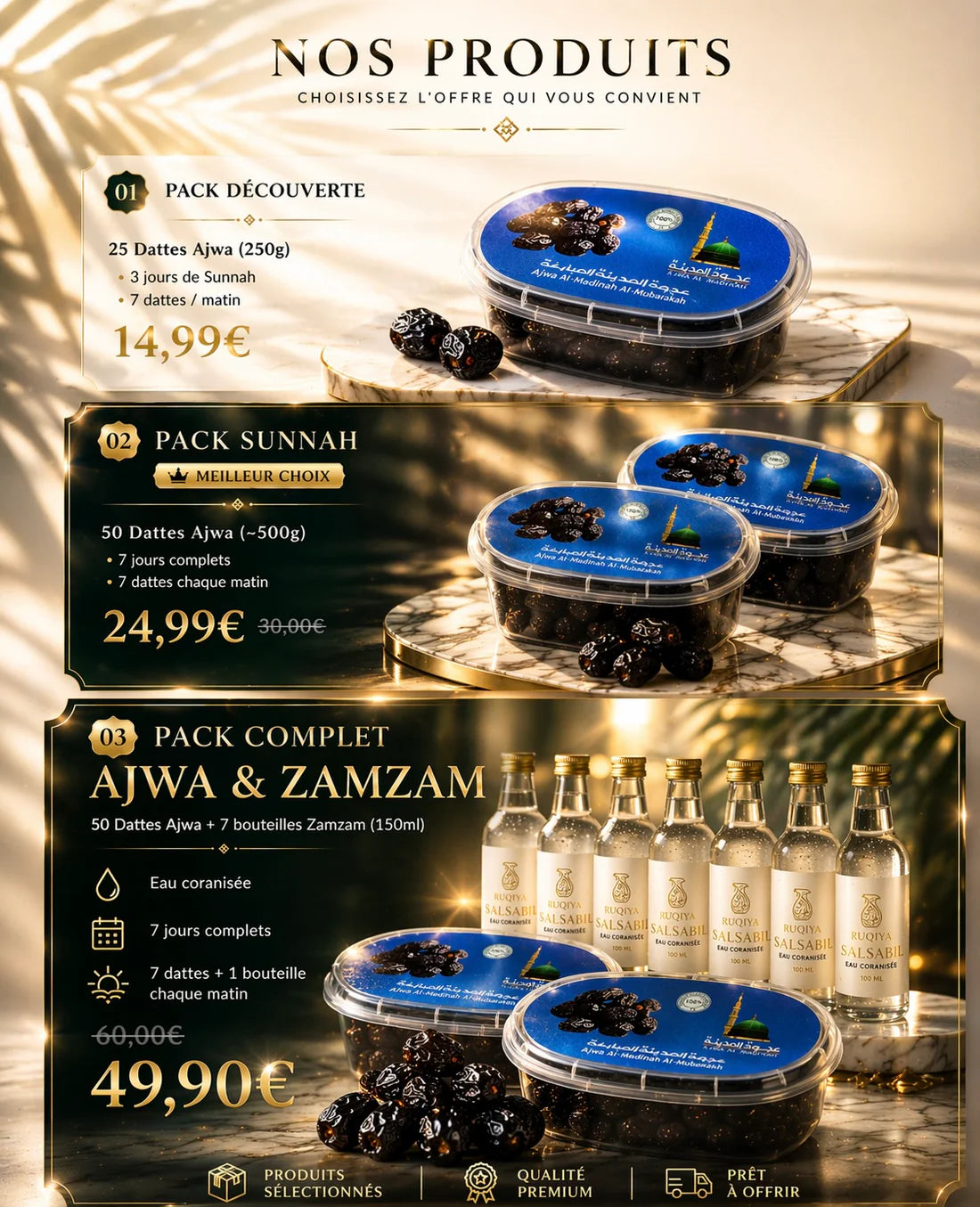 Menu détaillé des offres ajwa présentant trois options : 1. Pack Découverte à 14,99€ avec 250g de dattes Ajwa (3 jours de Sunna) ; 2. Pack Sunnah "Meilleur Choix" à 24,99€ avec 500g de dattes Ajwa pour 7 jours complets ; 3. Pack Complet Ajwa et Zamzam à 49,90€ incluant 50 dattes Ajwa et 7 bouteilles de 150ml d'eau coranisée. L'infographie sur fond luxueux marbre et or souligne la qualité premium, la sélection rigoureuse des produits et le protocole de 7 dattes et une bouteille chaque matin.