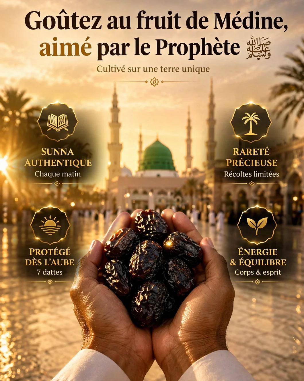 Mains d'un homme tenant une poignée de dattes Ajwa de Médine authentiques, reconnaissables à leur couleur noire intense et leur peau finement ridée. En arrière-plan, la Mosquée du Prophète (Al-Masjid an-Nabawi) au coucher du soleil. L'infographie détaille les bienfaits : Sunna authentique chaque matin, récoltes limitées, protection dès l'aube avec 7 dattes, et apport en énergie pour l'équilibre du corps et de l'esprit.