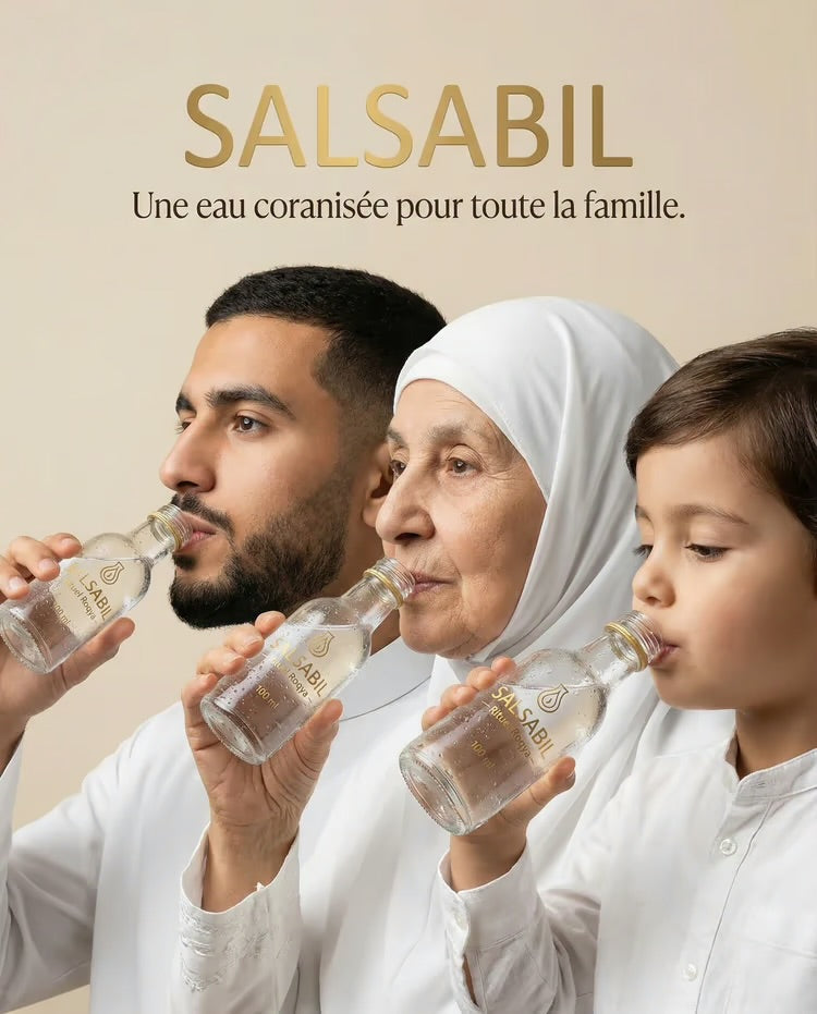 Photographie de profil d'une famille musulmane composée d'un homme, d'une femme âgée et d'un enfant buvant simultanément l'eau coranisée Salsabil. Les trois générations consomment des fioles individuelles de 100ml de Zamzam authentique pour une protection spirituelle familiale. Image lumineuse sur fond neutre illustrant la médecine prophétique accessible à tous, avec l'inscription dorée Salsabil une eau coranisée pour toute la famille.