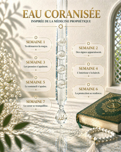 Infographie détaillée des 7 semaines de cure d'eau coranisée inspirée de la médecine prophétique, illustrant l'évolution du bien-être spirituel, de l'apaisement du sommeil à la tranquillité du cœur, avec un Coran et un chapelet.