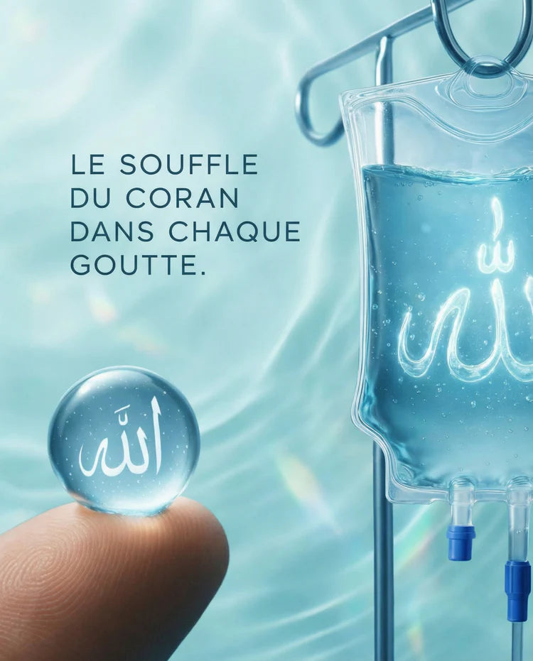Représentation métaphorique de la roqya intitulée Le souffle du Coran dans chaque goutte, montrant une goutte d'eau cristalline posée sur un bout de doigt avec le nom d'Allah en calligraphie arabe à l'intérieur. En arrière-plan, une poche de sérum translucide contenant de l'eau de Zamzam coranisée sur un fond aquatique bleu lumineux, symbolisant une guérison spirituelle profonde et une purification du corps.