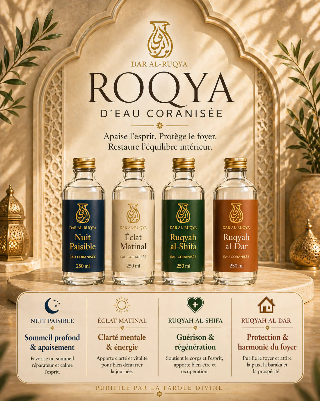 Gamme complète d'eau coranisée Dar Al-Ruqya pour tous les besoins : Nuit Paisible pour le sommeil profond, Éclat Matinal pour l'énergie et la clarté mentale, Ruqyah al-Shifa pour la guérison et le corps, et Ruqyah Al-Dar pour la protection de la maison et du foyer. Quatre bouteilles de 250ml présentées dans un décor oriental luxueux avec une lanterne et des feuilles d'olivier, purifiées par la parole divine contre le mauvais œil et la jalousie.