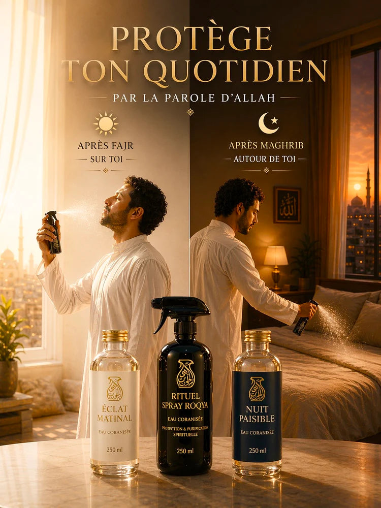 Guide pour protéger son quotidien avec la roqya : utilisation du spray Éclat Matinal après le Fajr sur soi pour l'énergie, et du spray Nuit Paisible après le Maghrib autour de soi dans la chambre pour une protection nocturne. Un homme utilise les bouteilles de 250ml d'eau coranisée Salsabil dans un cadre serein, illustrant la purification de la maison par la parole d'Allah.