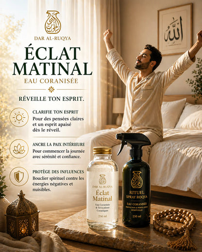 Un homme se réveille en pleine forme dans une chambre lumineuse, étirant ses bras, illustrant les bienfaits d'un rituel de roqya au matin. Au premier plan, on voit un coffret de produits Dar Al-Ruqya sur une table : un flacon de 250 ml d'eau coranisée 'Éclat Matinal' et un spray roqya noir de 250 ml pour la protection et purification. L'image promet de clarifier l'esprit des pensées sombres et de protéger des mauvaises énergies dès le réveil.