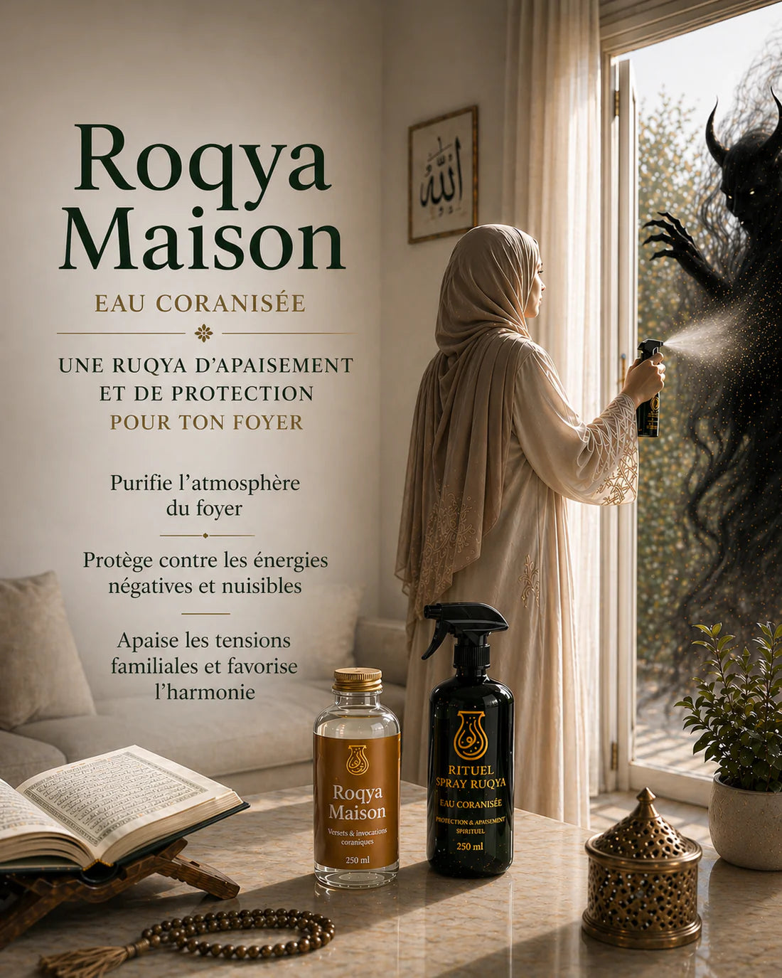 Comment faire une roqya maison pour protéger son foyer du mauvais œil et des énergies négatives. Une femme utilise le spray d'eau coranisée Salsabil pour purifier l'atmosphère d'un salon face à une ombre symbolisant le mal. Au premier plan, le flacon Roqya Maison de 250ml et le spray rituel sont posés sur une table à côté d'un Coran ouvert, idéal pour apaiser les tensions familiales et ramener la baraka dans la maison.