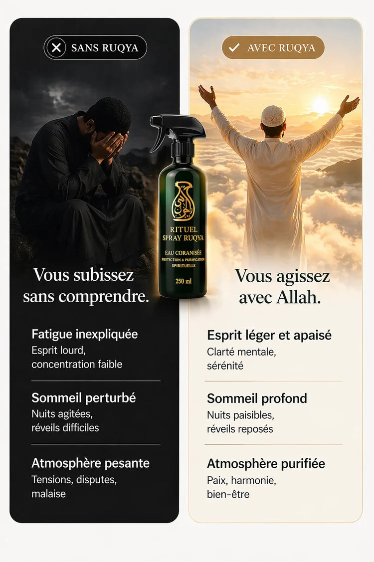 Comparaison des bienfaits de la roqya avec le spray coranisé Salsabil : à gauche, les symptômes d'un esprit lourd (fatigue inexpliquée, sommeil perturbé, atmosphère pesante) ; à droite, les résultats après utilisation (esprit léger, sommeil profond, atmosphère purifiée et paix intérieure). Un homme illustre la transition de la détresse vers l'apaisement avec Allah.