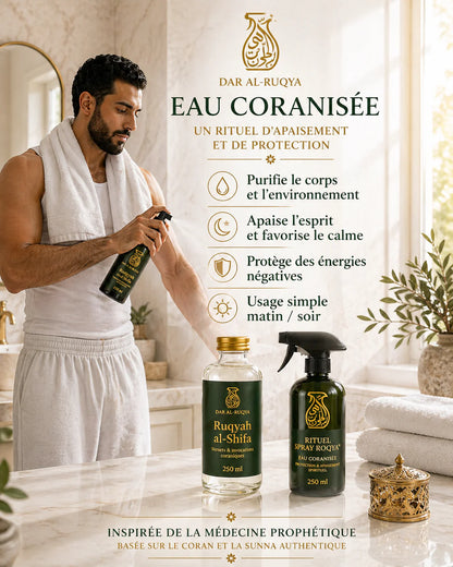Comment purifier sa maison et son corps avec le spray roqya et l'eau coranisée Ruqyah al-Shifa. On voit un homme utiliser le spray pour se protéger des énergies négatives et apaiser son esprit dans une salle de bain lumineuse. Les bouteilles de 250ml sont inspirées de la médecine prophétique pour un usage simple matin et soir afin de favoriser le calme et la protection spirituelle du foyer.