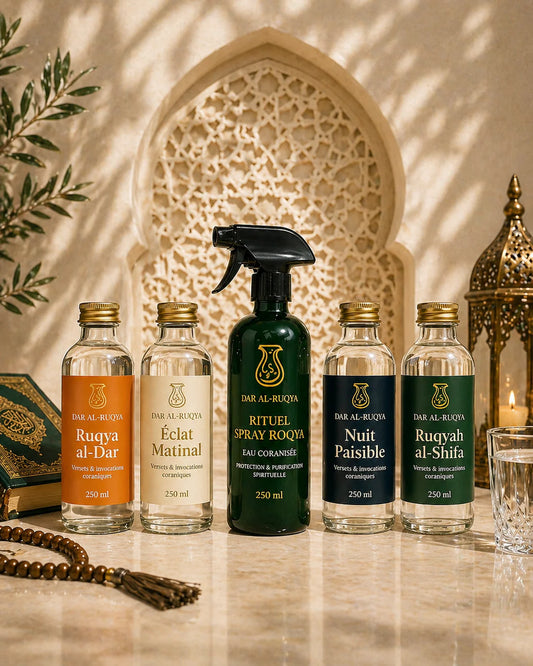 Pack complet eau Coranisée pour la protection de la maison et du corps contre le mauvais œil et la jalousie. On y voit cinq flacons de 250ml d'eau coranisée : Ruqya al-Dar pour purifier le foyer, Éclat Matinal pour l'énergie, Rituel Spray Roqya pour vaporiser les pièces, Nuit Paisible pour mieux dormir et Ruqyah al-Shifa pour la guérison. Les bouteilles sont posées sur un marbre à côté d'un Coran et d'un chapelet dans un décor oriental apaisant.