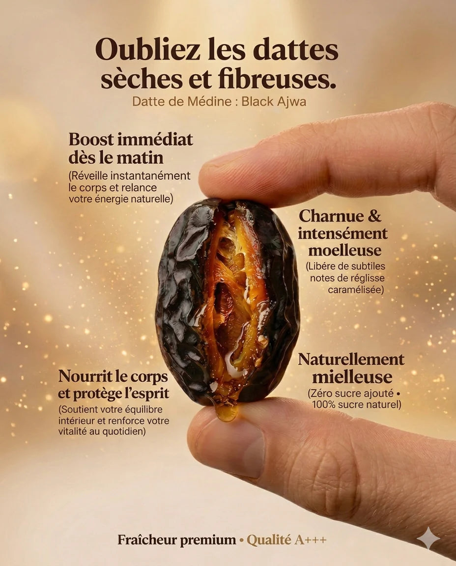 Gros plan macro d'une datte Black Ajwa de Médine de qualité A+++, ouverte pour montrer sa chair charnue, intensément moelleuse et naturellement mielleuse sans sucre ajouté. Une main tient la datte pour illustrer sa fraîcheur premium. Le visuel souligne les bienfaits : boost immédiat dès le matin pour relancer l'énergie naturelle, nutrition du corps et protection de l'esprit pour un équilibre intérieur quotidien, avec des notes subtiles de réglisse caramélisée.