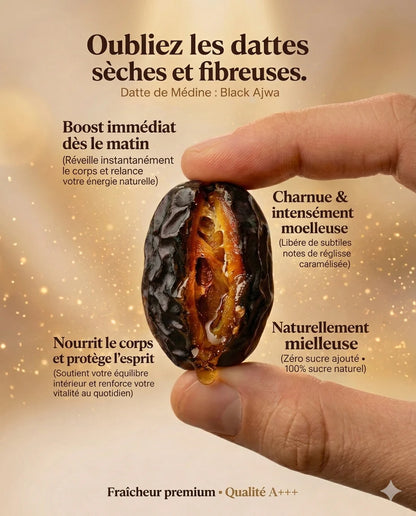 Gros plan macro d'une datte Black Ajwa de Médine de qualité A+++, ouverte pour montrer sa chair charnue, intensément moelleuse et naturellement mielleuse sans sucre ajouté. Une main tient la datte pour illustrer sa fraîcheur premium. Le visuel souligne les bienfaits : boost immédiat dès le matin pour relancer l'énergie naturelle, nutrition du corps et protection de l'esprit pour un équilibre intérieur quotidien, avec des notes subtiles de réglisse caramélisée.