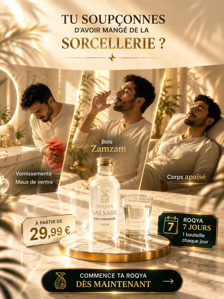 Infographie pédagogique de roqya authentique expliquant comment traiter la sorcellerie mangée : trois volets montrant un homme souffrant de maux de ventre et vomissements, puis buvant l'eau de Zamzam coranisée, et enfin retrouvant un corps apaisé. Au premier plan, une fiole Salsabil de 100ml sur un socle en marbre luxueux avec un badge indiquant le tarif de 29,99€ et le protocole de 7 jours de cure spirituelle avec une bouteille par jour.