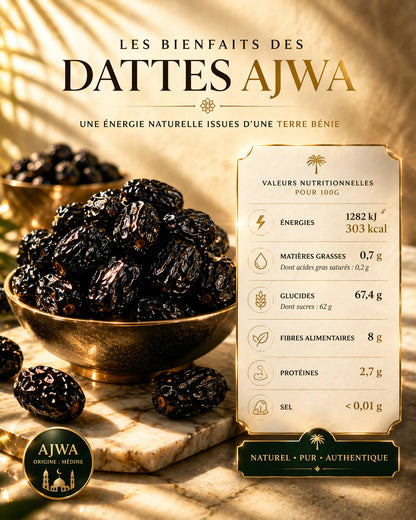 Infographie détaillée présentant les valeurs nutritionnelles pour 100g de dattes Ajwa de Médine authentiques : 303 kcal d'énergie, 8g de fibres alimentaires, 2,7g de protéines et moins de 0,01g de sel. Les dattes noires et charnues sont présentées dans un bol doré sur un socle en marbre, avec des sceaux garantissant une origine Médine, un produit naturel, pur et authentique issu d'une terre bénie.