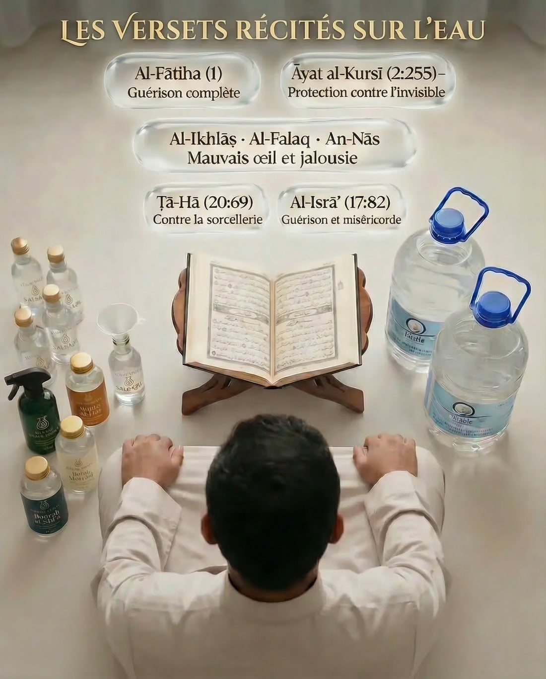 Liste des versets du Coran récités sur l'eau Salsabil : Al-Fatiha, Ayat al-Kursi, Al-Falaq, An-Nas Sourates protectrices contre le mauvais œil, la jalousie et la sorcellerie, illustrée par un homme lisant le Coran devant des bouteilles d'eau de Zamzam. Qualité & Authenticité garantie."